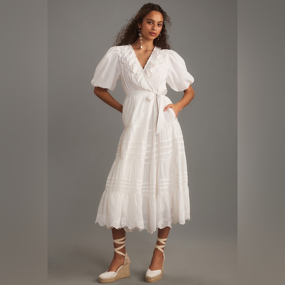 Anthropologie Love the Label Short-Sleeve Ruffled Tiered Wrap Maxi Dress